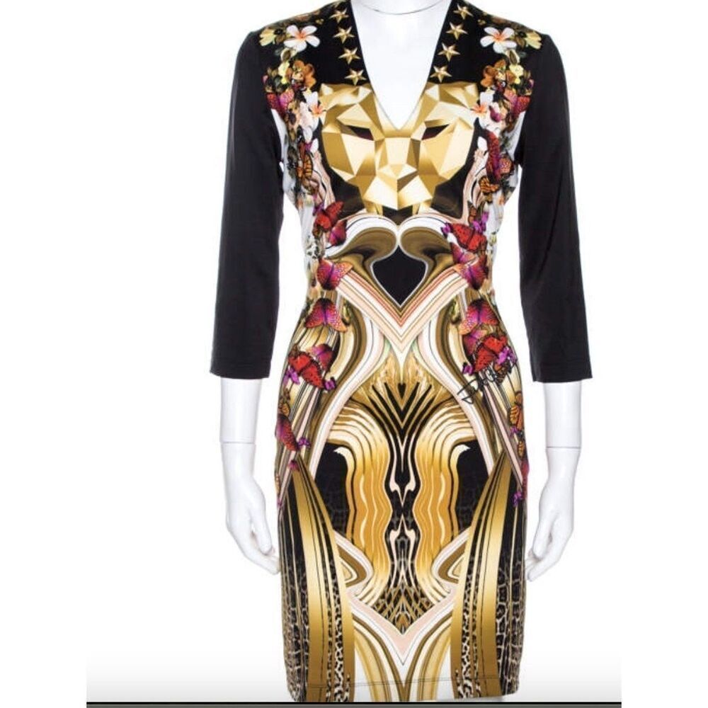 Just Cavalli Black Geometric Butterfly Print Jersey Fitted Dress Size 38 US 2
